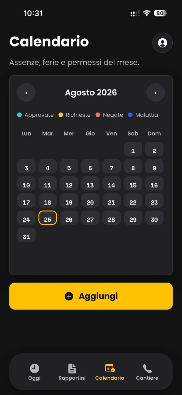 Calendario dell'app: assenze, ferie e permessi del mese con la legenda approvate, richieste, negate, malattia